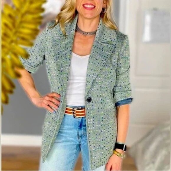 CAbi Jackets & Blazers - CABI Presentation Stretch Knit Single-Breasted Blazer Green Blue Sz L #6251 EUC